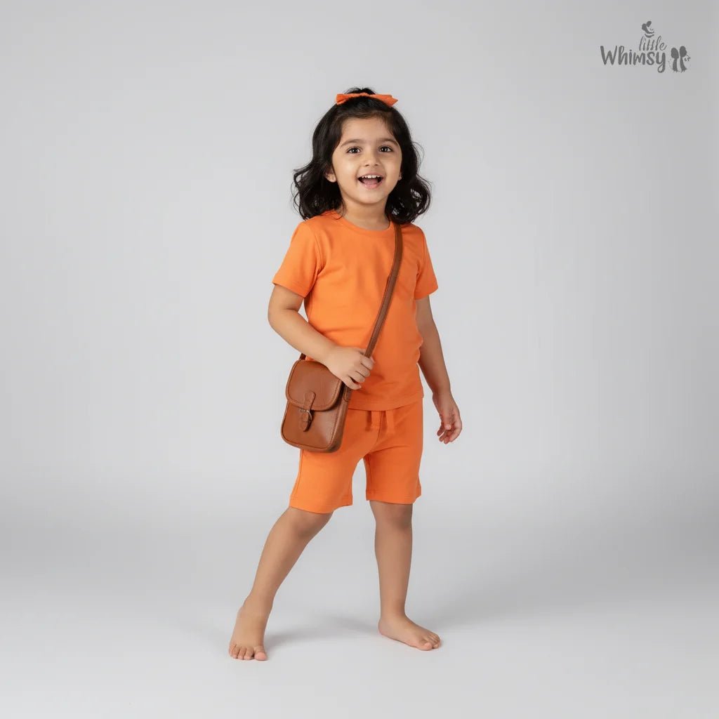 Peach Orange Co - ord Set with Short Sleeves & TrousersLittle WhimsyOrganic Co - ord Set